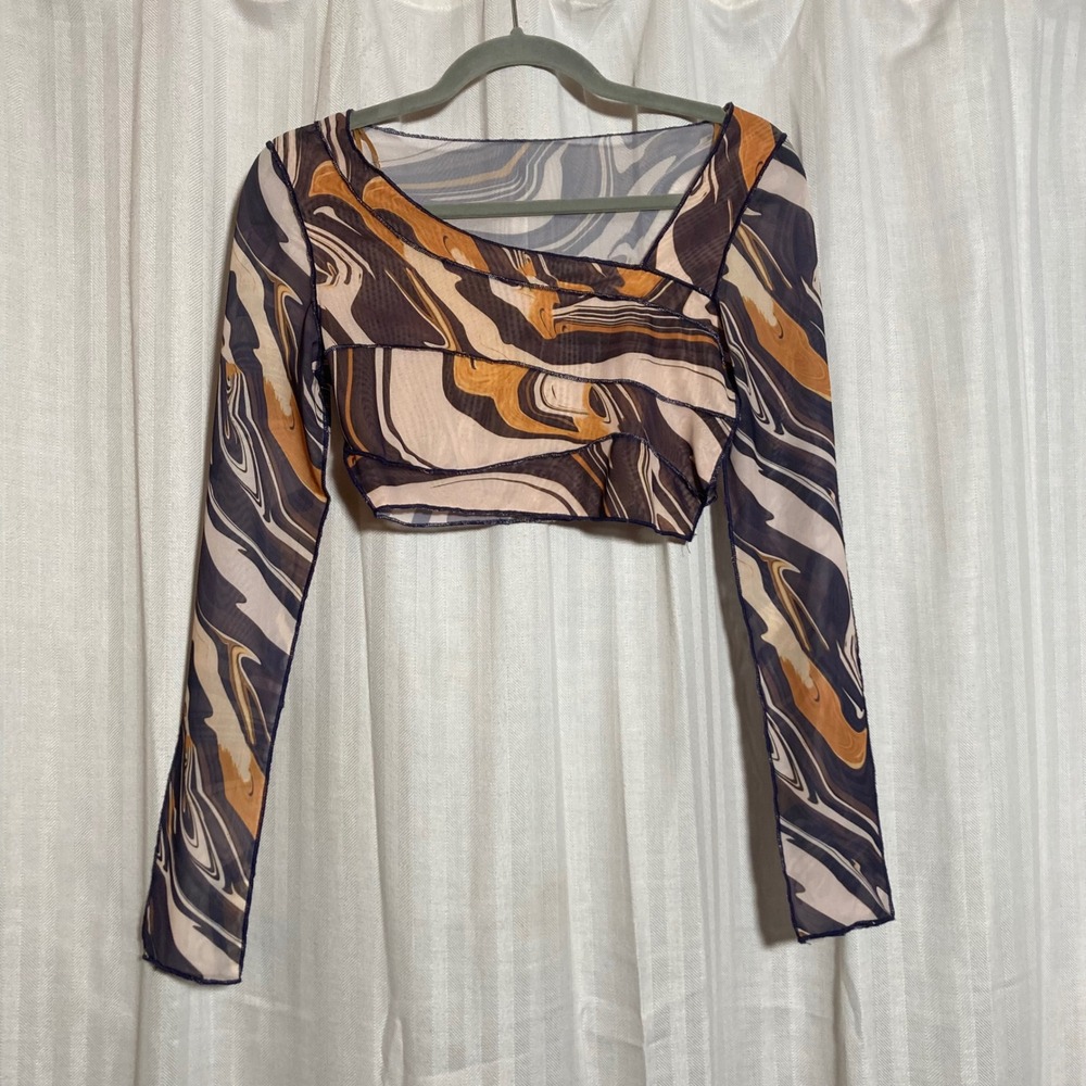 Sheer Mesh Crop Top Brown Marble Swirl Abstract Long Sleeve S Festival Y2K 90s